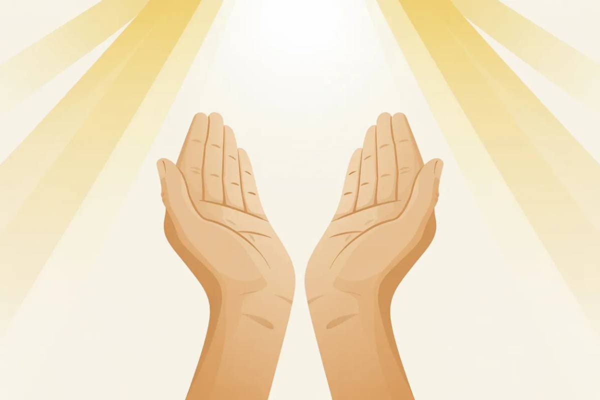 Mains ouvertes en doua avec rayons dorés symbolisant l'invocation pour les parents en islam