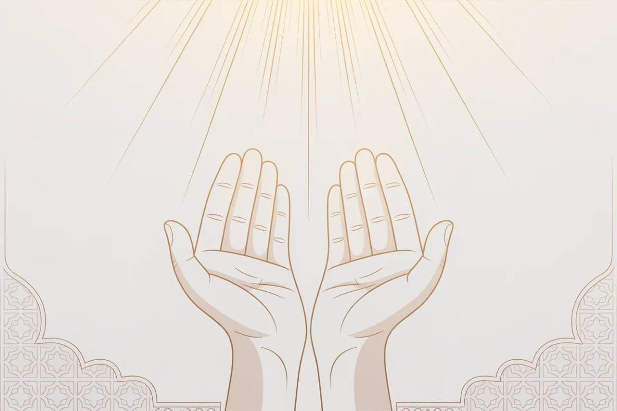 Mains levées en invocation doua pour la Palestine avec rayons de lumière et motifs islamiques