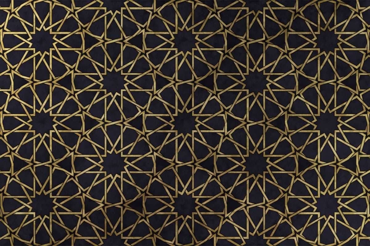 Motif arabesque islamique dore, evoquant la richesse symbolique des chaussures dans les reves en islam